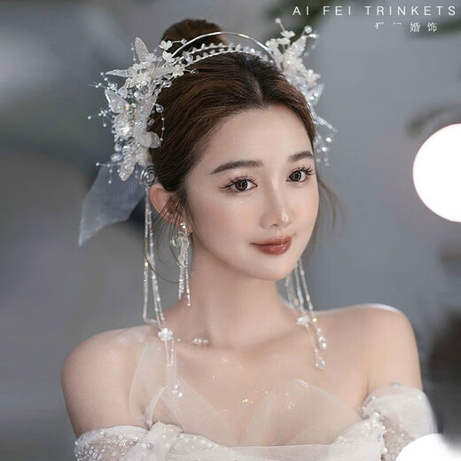 Cheng Liu bridal tiara, Korean crystal tassel bow headband, fairy white gauze saint crown wedding dress, wedding hair accessories, saint crown ear clip