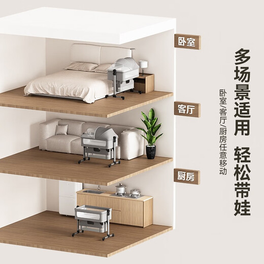 泰美高（Trimigo）婴儿床多功能床可移动拼接宝宝床带尿布台新生儿哄娃神器摇摇床 摇篮婴儿床[蚊帐+凉席+头枕]