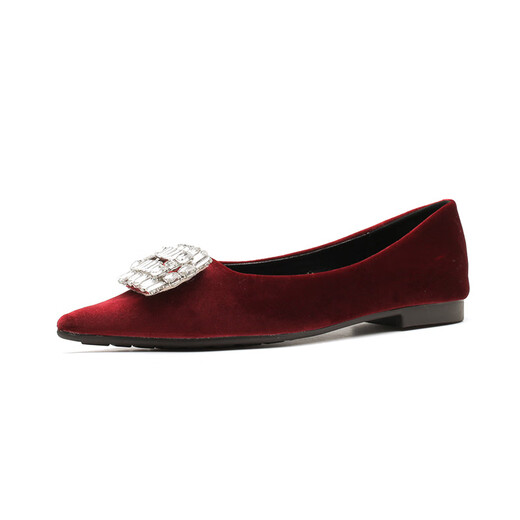 Delia H679-3 shallow mouth ice silk satin beanie shoes with big rhinestone flat shoes burgundy new wedding shoes for women yellow brown (225mm) 35