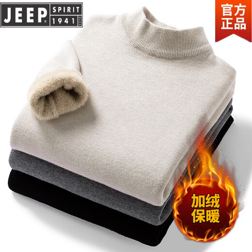 Jeep Spirit Pullover Herren 2025 Herbst und Winter All-Match Einfacher Pullover runden Hals Pullover plus Vlies verdickte Schulter integrierte Basishemd beige One Size m
