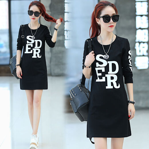 Zhidoudou Plus Velvet 2022 Frühling Neues Frauen-Top Koreaner schlanker runder Hals Langarm T-Shirt mit mittlerer Länge Basishemd für Frauen 6627 Schwarzer Sder Spring und Herbst ohne Samt M 75-100jin [Jin gleich 0,5 kg]