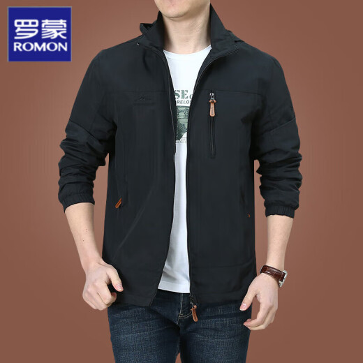 Romon Outdoor Men's Jacket para primavera, otoño e invierno Nuevo estilo de mediana edad y chaqueta para hombres jóvenes chaqueta con capucha de color sólido para hombres 9888 azul oscuro sin lana l
