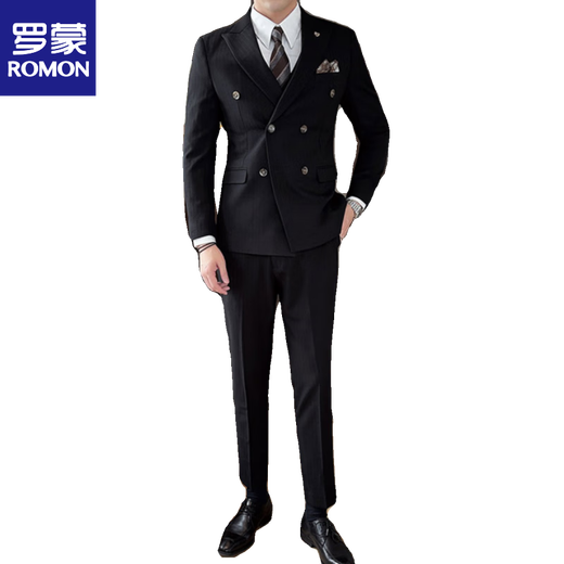 Romon haut de gamme authentique à double boutonnage pour hommes Authentiques Robe de réunion rayée Suit Slim-Fit Frendy Forme Purple (costume + pantalon + Vente + chemise) Collier M