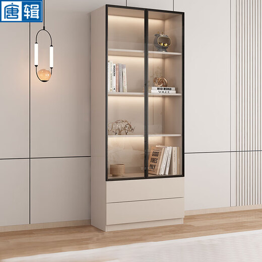 Tangji light luxury glass door bookcase free combination bookshelf floor living room display cabinet storage cabinet double door double drawer 60cm long