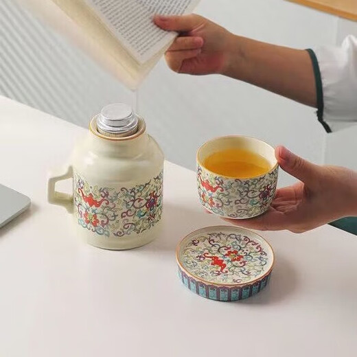 Beige Ru kiln ceramic drinking kettle, tea kettle, stuffy tea kettle, imitation warm kettle, large capacity, openable with cup, kettle set for 1 piece