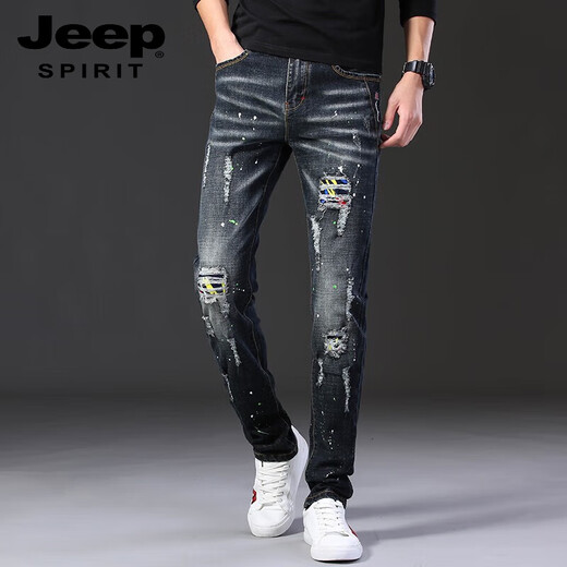 JEEP SPIRIT高端破洞牛仔裤男秋夏款潮牌刮烂弹力新款修身小脚夏季男士长裤子 687黑色 32