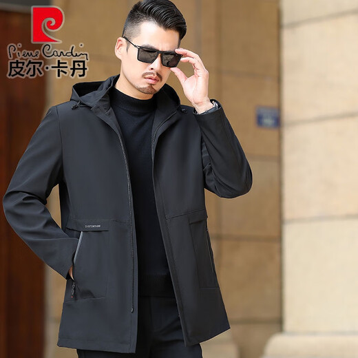 Pierre Cardin Men's Wear Middle-aged Men's Mid-Length Hooded Windbreaker Middle-aged and Old Dad Spring and Autumn Coat Mature and Stable Casual Men's Dark Green <Long> Hooded 175/L