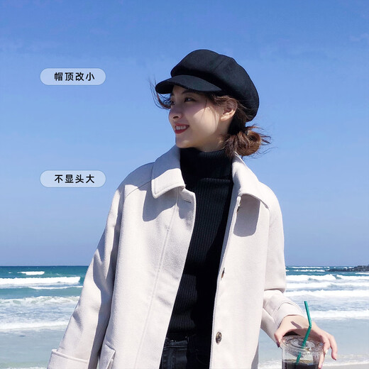 DIRUNSHI octagonal hat for women, autumn and winter trendy Korean style British retro painter internet celebrity beret wool wool versatile literary newsboy hat black adjustable (54-58CM)