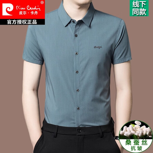 皮尔卡丹（pierre cardin）高端条纹短袖衬衫男士2024夏季新款桑蚕丝商务休闲薄款衬衣男免烫 深灰色【2603款】 180/2XL【建议150-170斤】