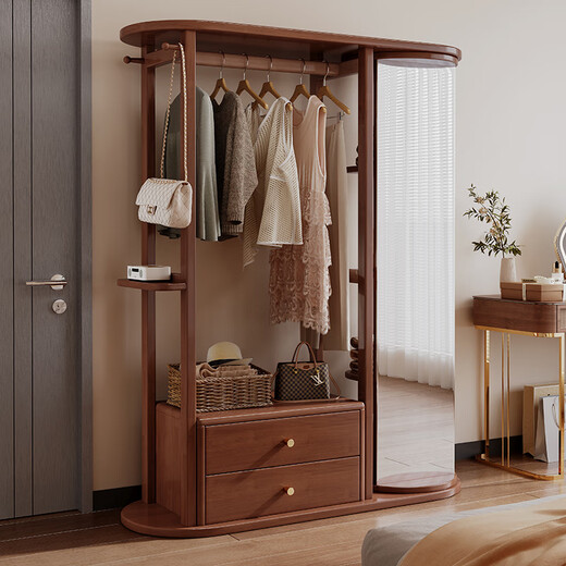 福岚实木衣帽架全身镜一体家用可旋转穿衣镜落地挂衣架卧室收纳置物架 胡桃色（送货上门包安装）