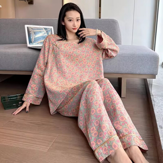 裁雨留虹胖mm睡衣女春秋大码复古中国风碎花棉纱家居服加肥加大200斤 yz16802 4XL  130-180斤