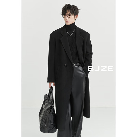 Earl Zoll shoulder pad design long over-knee full wool double-sided wool coat 100% men's autumn and winter commuting jacket P441879 pitch black S (165)