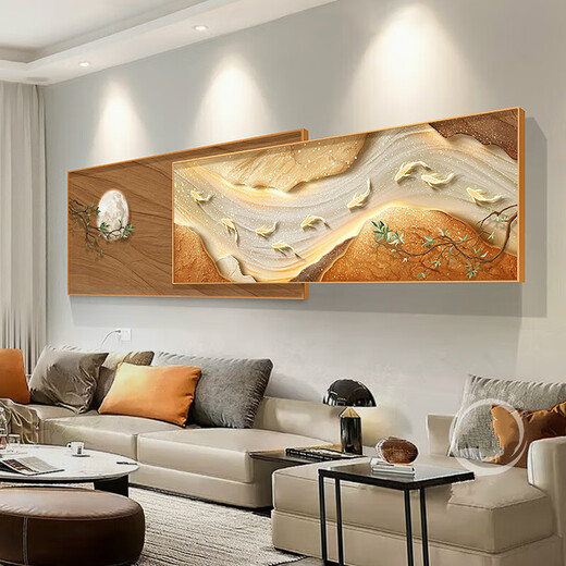 Pupan modern light luxury living room decoration paintings and Jiuyu pictures superimposed on mural sofa background wall bedside paintings LP-9195 76*180+60*180 style black sesame cotton oil canvas