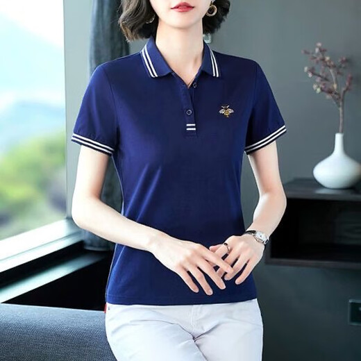 Woodpecker [pure cotton] short-sleeved T-shirt for women with large size summer new loose lapel POLO. shirt sports body 675 black POLO shirt XL Recommended 105-115Jin [Jin equals 0.5 kg]