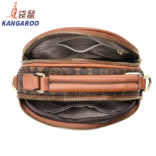 袋鼠（KANGAROO）高品质女包包2024新款印花百搭时尚小圆包单肩斜挎手提包包女 方块料-米白