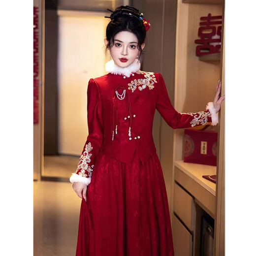 Seidler New Chinese Toast Wear Bride 2025 New Engagement Back Door Dress Long Sleeve Women Wedding Winter Thickened Velvet Burgundy M (Recommended 96-105 Jin Jin equals 0.5 kg)