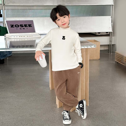 Zuoxi boys' bottoming shirt T-shirt 2025 winter children's half turtleneck casual inner wear boys' top trendy off-white 150