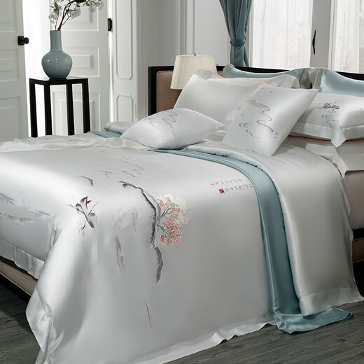 Sihuang Neues chinesisch gestickte Seide Vierteilige Set 100% Mulberry Seide 25 mm Million High-End Home Textile Seide Bettwäsche Set Pfirsichblüte fließend Wasser 3881 [Vorverkauf 5 ~ 7 Tage Sendung] 1,8-m-Bettblattstil [Quilt Cover 200x230]