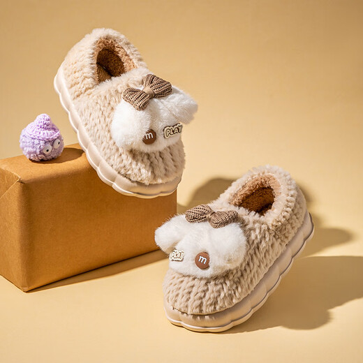 京东京造时尚包脚儿童棉拖鞋男女童毛绒蝴蝶结包跟保暖棉拖鞋卡其色30-31