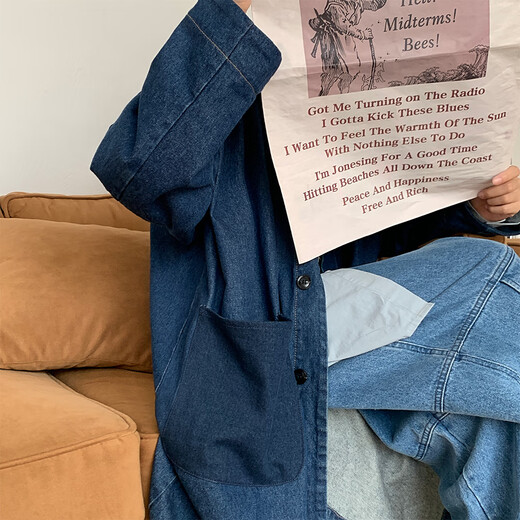 Jindun Spring and Autumn Long Washed Denim Windbreaker for Men and Women Korean Mid-Length Workwear Simple Denim Coat Jacket Blue M Recommended 95-140 Jin Jin equals 0.5 kg