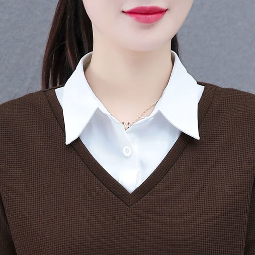 Junde Leisure Urlaub zweiteiliger Kapuzenpullover-Top Frauen gefälschte zweiteilige Hemd Frauen 2024 Frühlings- und Herbst-Neue Fashion-Lampel-Trend WS5009 Brauner Farbwinter plus Velvet L 100-110jin [Jin entspricht 0,5 kg]