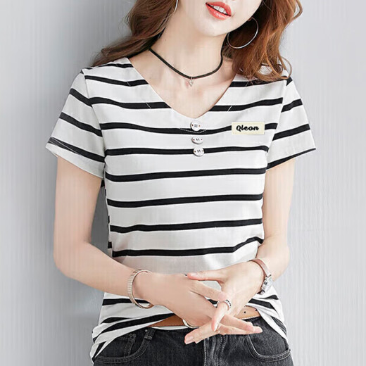 Yu Zhaolin Women's Korean Style Loose Striped Top Student Casual Versatile Short-Sleeved T-Shirt YWTD192182 White XL
