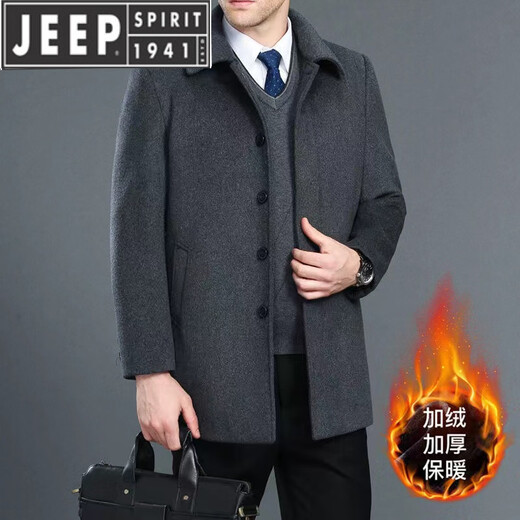 JEEP SPIRIT春秋羊毛呢子大衣中老年男士加厚翻领外套保暖大码扣子款夹克 黑色中长款【加绒】 185/96A 155-175斤