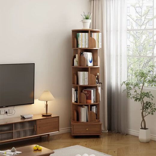 Small craftsman's simple rotating bookshelf 360-degree bookcase removable floor-standing storage rack living room display rack five-layer walnut color