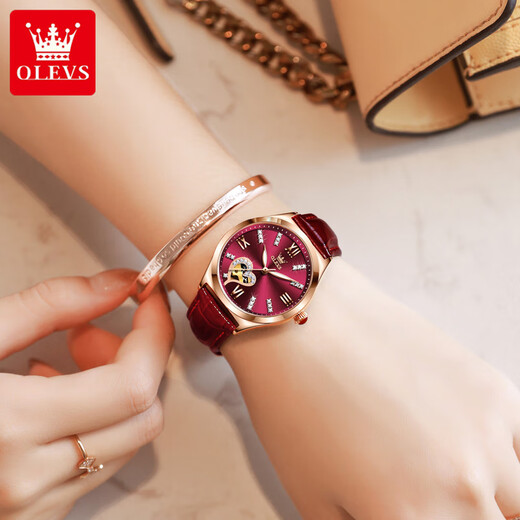Olevs Swiss Certified Brand Watch Woard Woard Watch Mechanical Watch Fashion Fashion Hollow Imperproofing Gift For Girlfriend 6636 Vins Red [Boîte-cadeau]