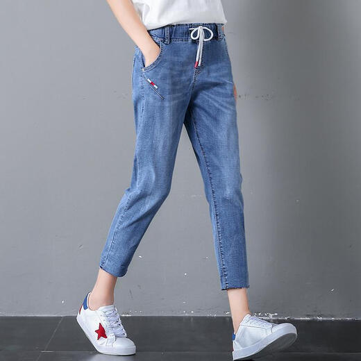 Versión grande y simple de jeans de siete puntos de cintura elástica de la cintura alta para mujeres sueltas de verano delgada mujeres elásticas de 7 puntos calzones delgados 3523# azul claro accesorios delgados de siete puntos 26