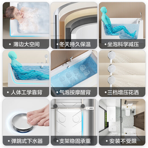 Jomoo Badewanne, Haushalt Erwachsener kleiner Apartment Badebad Pool, Badezimmerbad unabhängiger Acrylquadelkunstbadewanne 1,6 m mit Duschblasenmassagetank YR13116