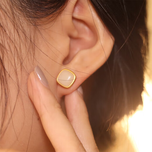 Crystal Hetian Jade Earrings, Practical Square Silver Earrings, High-end Earrings, Mid-Autumn Festival Gifts for Mom and Elders