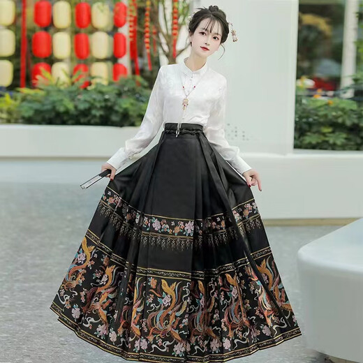 Han Yukuis ursprünglicher Ming-Ming-Hanfu-Rock für den Frauen mit dem Hufegesicht für Frühling für den Frühling verbesserte tägliche Superfee Neue chinesische Rock mit dem chinesischen Pferd. Voller Set weiße Doppelbastel-Top + Marine Blaudruckgedruckte Rock L.