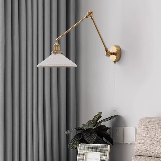 Zhongshuai Nordic Japanese Internet celebrity all-copper bedroom bedside folding rocker arm adjustable medieval wall lamp retro B&B study lamp solid wood chassis + all-copper rocker arm 2014 infinite dimming