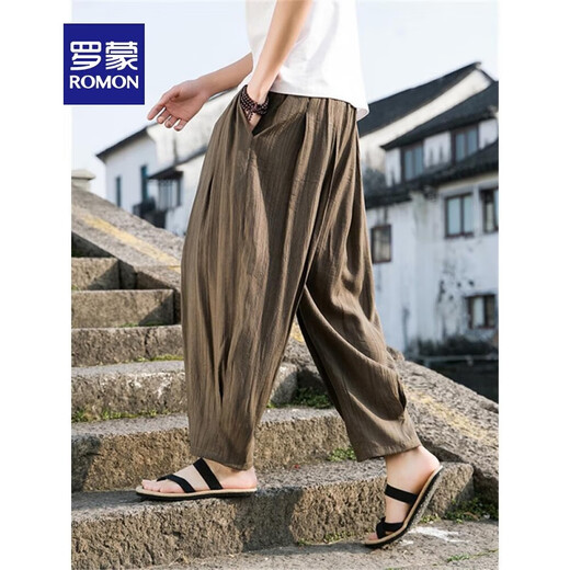 ROMON Chinese style linen pants men summer loose cotton linen pants large size casual wide-leg pants men's bloomers harem pants gray M