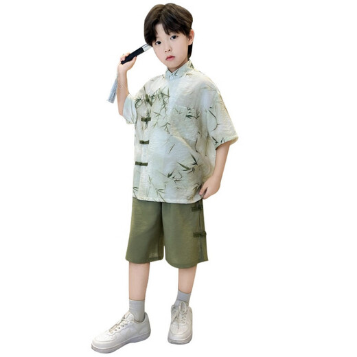 G.DUCKKIDS小黄鸭男童汉服夏装套装新款中大儿童古风唐装男孩夏季薄款两件套 绿色 120 尺码5~6岁【110-120cm】