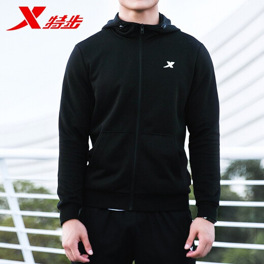特步卫衣男装运动外套男2025春夏新款防风纯色夹克男舒适休闲长袖 黑-9276（连帽） 2XL