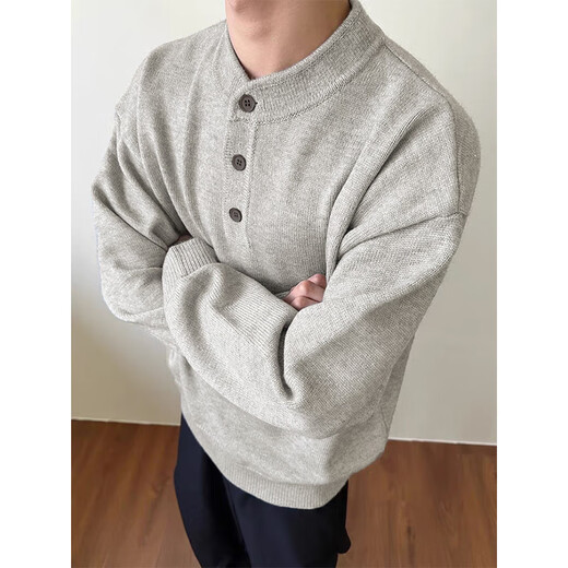 Shelley Jones Henry Collar Sweater Men's Autumn and Winter New Ins Lazy Style Loose Trendy Bottoming Top Gray L Recommended 110-125 Jin Jin equals 0.5 kg