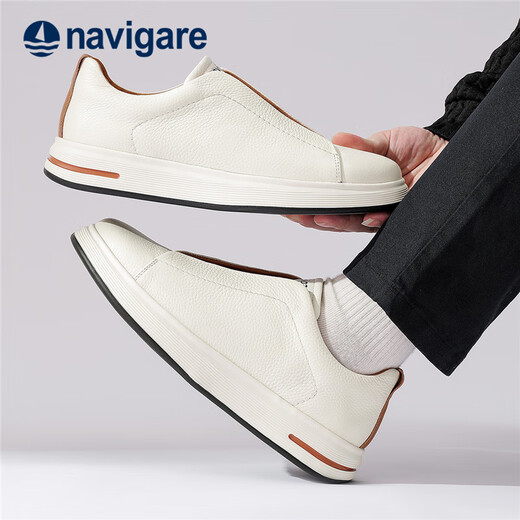 Navigare Italian sailboat genuine leather low-cut sneakers, breathable, simple, high-end business versatile casual shoes, one-legged men's shoes, off-white 40 (SF Express)