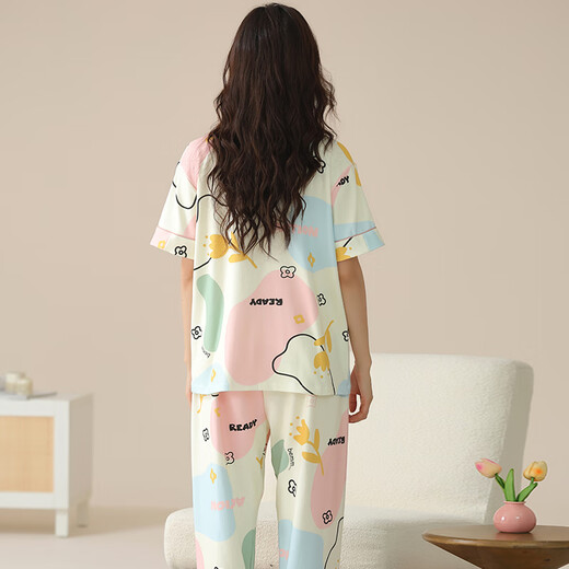 曼德莱芬 月子服夏季纯棉睡衣女款大码短袖长裤产后哺乳孕妇家居服套装 HD6913 女XL(120-140斤)