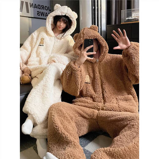 Rich Couple Bear Pajamas Women's Autumn and Winter Coral Velvet Flannel Men's Winter Hooded Thickened Home Clothes Set XY Velvet #66743 Male L (Weight 95-120