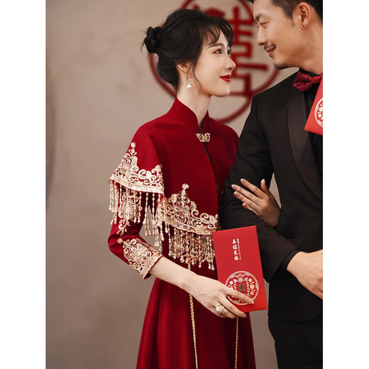 QIANSUIHONG 2025 New Chinese Style Cheongsam Toast Wear Bridal Red Tassel Shawl Wedding Engagement Dress Evening Dress Women LDS Ankola Burgundy Long Sleeve XL