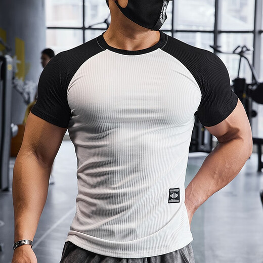 Lutielang sports tights men's quick-drying short-sleeved T-shirt running fitness clothes handsome muscle training elastic breathable autumn white L