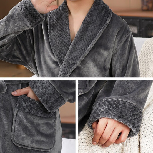 Yalu Nachthemd Herren Winter Koralle Samt Hauskleidung Yukata Flanell Bademantel verdickte lange Pyjamas plus Samt warme Morgen Robe Dark Grey XL (135-155jin [Jin entspricht 0,5 kg]))