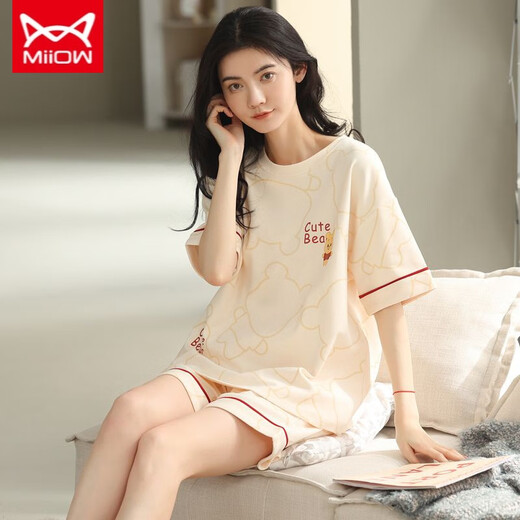 Catman Miiow 2023 New Pure Cotton Pyjamas für Frauen im Sommer kurzärmelig dünn gestreiftes Freizeitkleidungsanzug Zitronengelb A9885 L (100-120jin [Jin ist 0,5 kg])