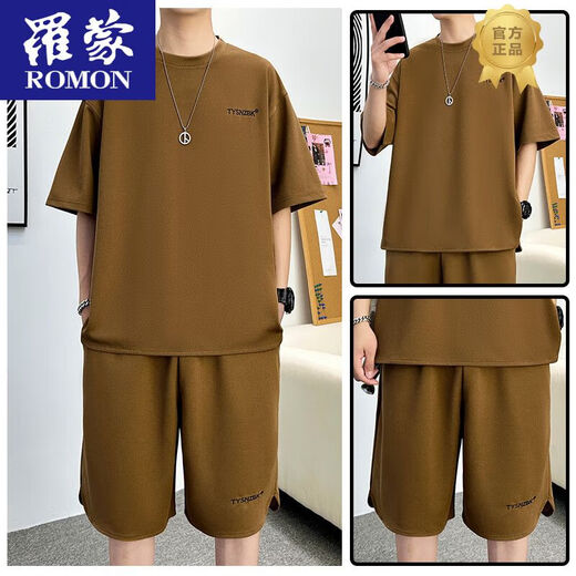 
ROMON 2025 Summer Casual Sports Set Men's Thin Loose Breathable Short Sleeve Shorts Two-Piece Set Handsome Men's Clothing TZ683DT Military Green Short Sleeve + Shorts M