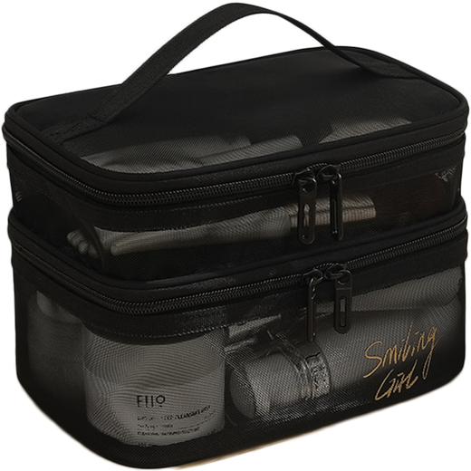Gayao Double Layer Cosmetic Bag Mesh Ins Large Capacity Portable Transparent Cosmetic Storage Bag Travel Toilet Bag Pure Black Double Layer - 20.5*13*14.5