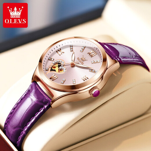 
OLEVS Swiss certified brand watch women's mechanical watch fully automatic waterproof luminous women's watch hollow diamond-set fashion watch OLEVS-6636-Purple rose shell powder
