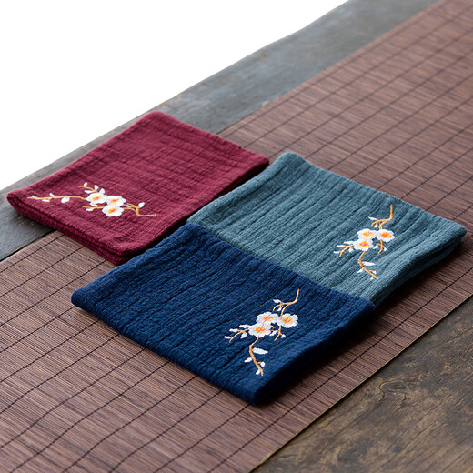 Xiangye thickened cotton and linen absorbent tea towel, retro Chinese style fabric tea table rag, Chinese embroidery large tea cloth Kung Fu embroidered red plum tea towel three packs