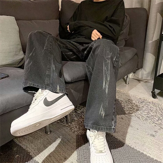 Kefeiwo tie-dyed jeans for men spring high street hip-hop loose wide-leg straight pants handsome casual floor-length trousers Haowei-3317 black XL (recommended weight 120-135 Jin Jin equals 0.5 kg)